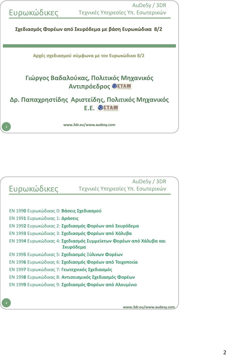 Ε. 3 EN 1990 Ευρωκώδικας 0: Βάσεις Σχεδιασμού EN 1991 Ευρωκώδικας 1: Δράσεις EN 1992 Ευρωκώδικας 2: Σχεδιασμός Φορέων από Σκυρόδεμα EN 1993 Ευρωκώδικας 3: Σχεδιασμός Φορέων από