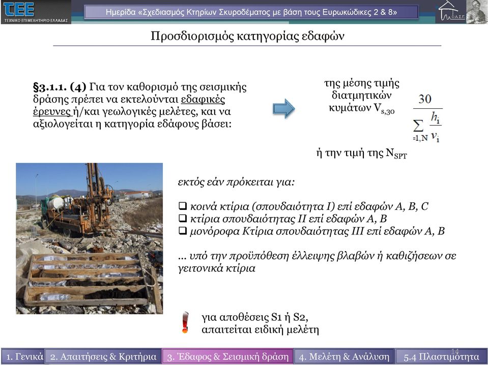 κατηγορία εδάφους βάσει: της μέσης τιμής διατμητικών κυμάτων V s,30 ή την τιμή της N SPT εκτός εάν πρόκειται για: κοινά κτίρια