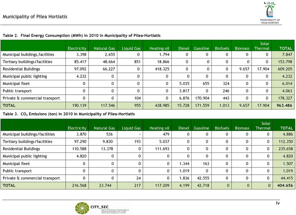 CO 2 Emissions (ton) in 2010 in Municipality of Pilea-Hortiatis Electricity Natural Gas Liquid Gas Heating oil Diesel Gasoline Biofuels Biomass Solar Thermal Municipal buildings,facilities 3.398 2.