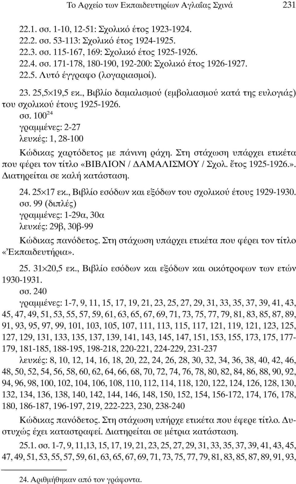 100 24 γραμμένες: 2-27 λευκές: 1,28-100 Κώδικας χαρτόδετος με πάνινη ράχη. Στη στάχωση υπάρχει ετικέτα που φέρει τον τίτλο «ΒΙΒΛΙΟΝ / ΔΑΜΑΛΙΣΜΟΥ / Σχολ. έτος 1925-1926.».