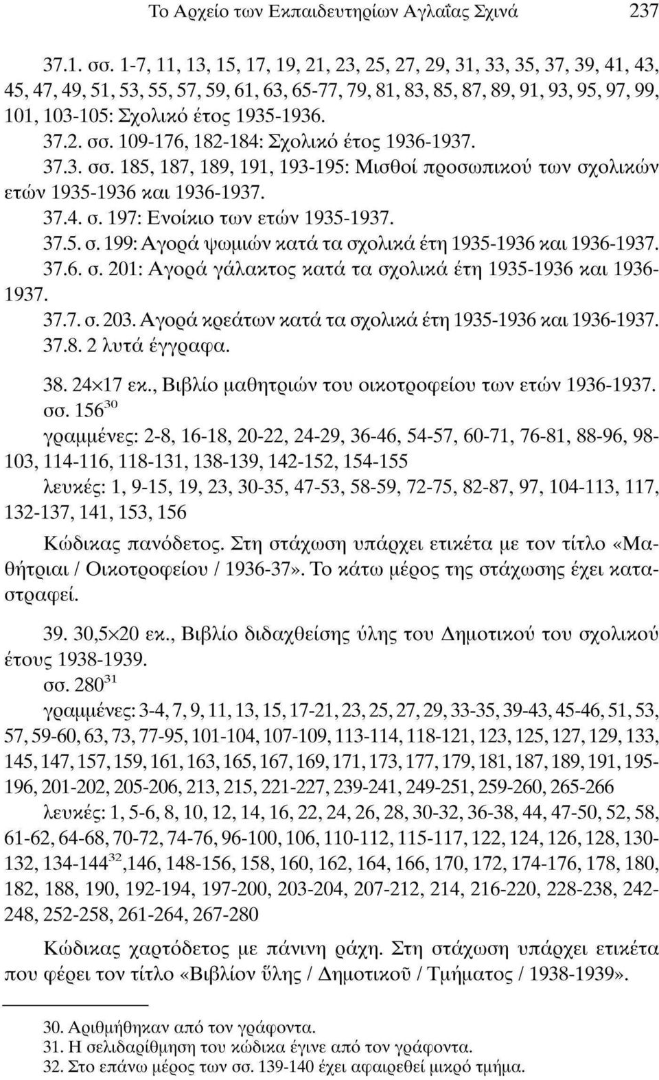 109-176,182-184: Σχολικό έτος 1936-1937. 37.3. σσ. 185,187,189,191,193-195: Μισθοί προσωπικού των σχολικών ετών 1935-1936 και 1936-1937. 37.4. σ. 197: Ενοίκιο των ετών 1935-1937. 37.5. σ. 199: Αγορά ψωμιών κατά τα σχολικά έτη 1935-1936 και 1936-1937.