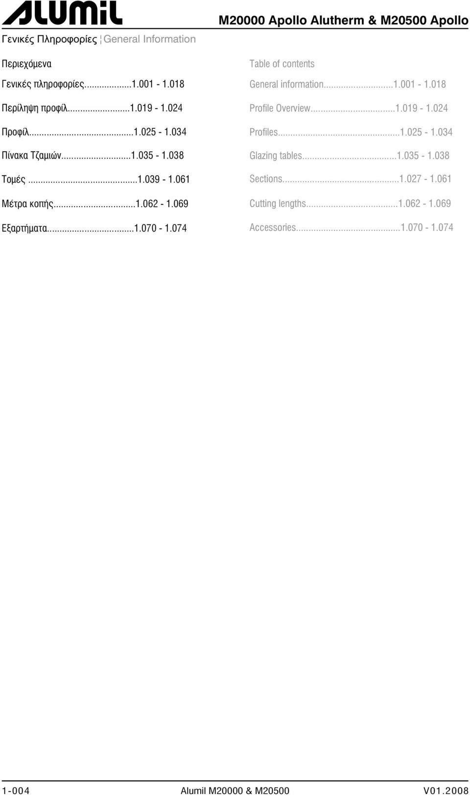 07 M20000 Apollo Alutherm & M20500 Apollo Table of contents General information...1.001-1.01 Profile Overview...1.019-1.