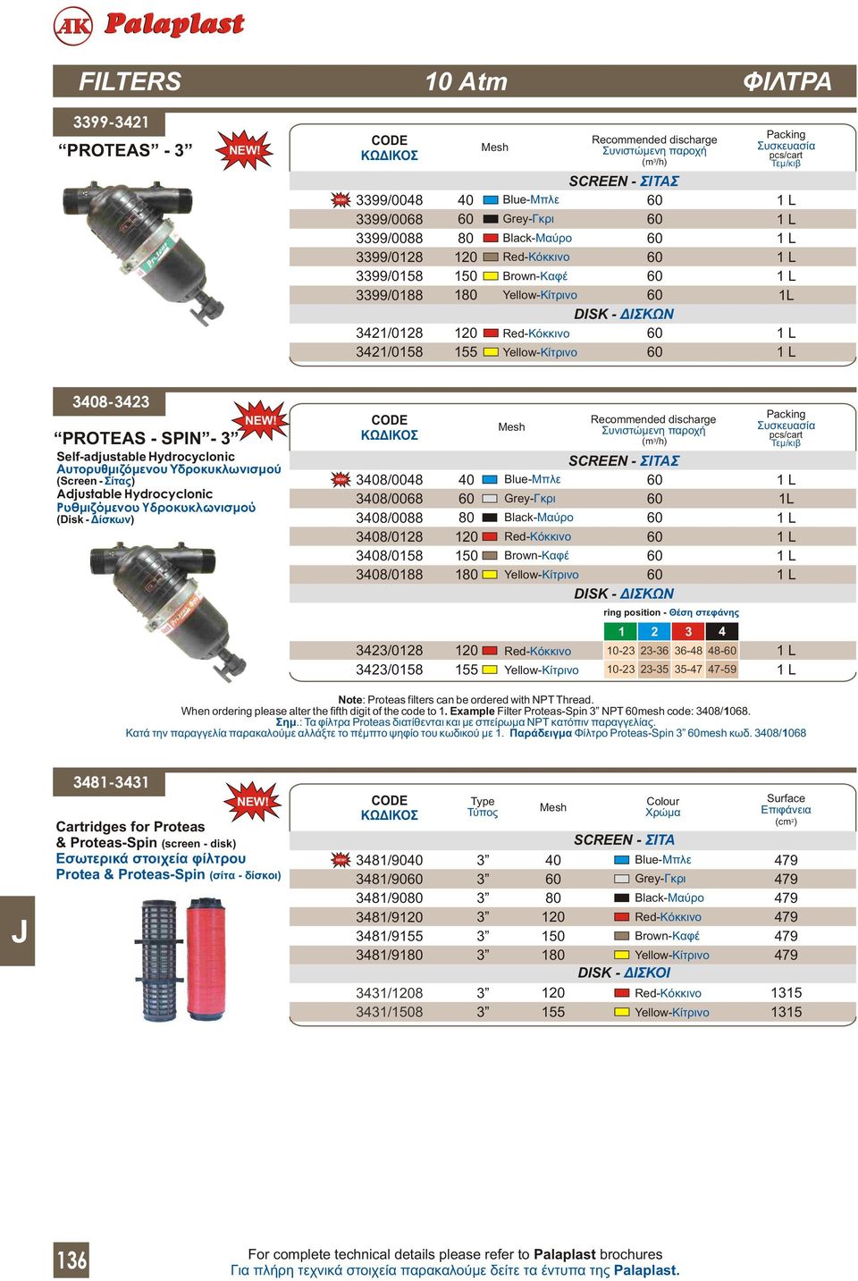 NPT Thread. When ordering please alter the fifth digit of the code to 1. Example Filter Proteas-Spin NPT mesh code: /10. Σημ.: Τα φίλτρα Proteas διατίθενται και με σπείρωμα ΝΡΤ κατόπιν παραγγελίας.