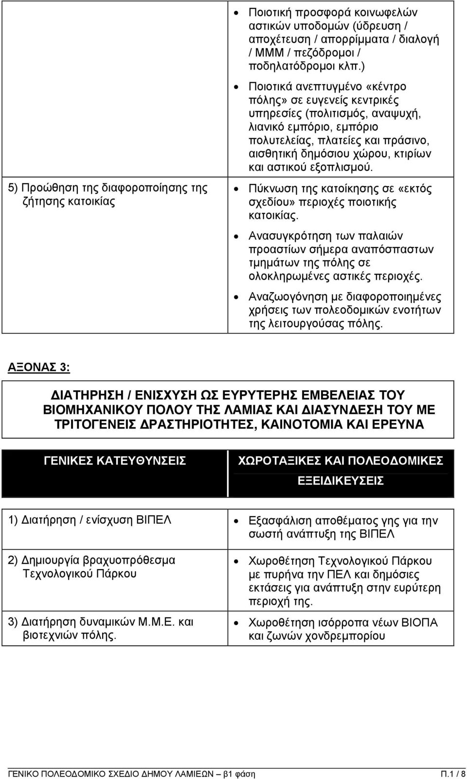 εξοπλισµού. Πύκνωση της κατοίκησης σε «εκτός σχεδίου» περιοχές ποιοτικής κατοικίας. Ανασυγκρότηση των παλαιών προαστίων σήµερα αναπόσπαστων τµηµάτων της πόλης σε ολοκληρωµένες αστικές περιοχές.