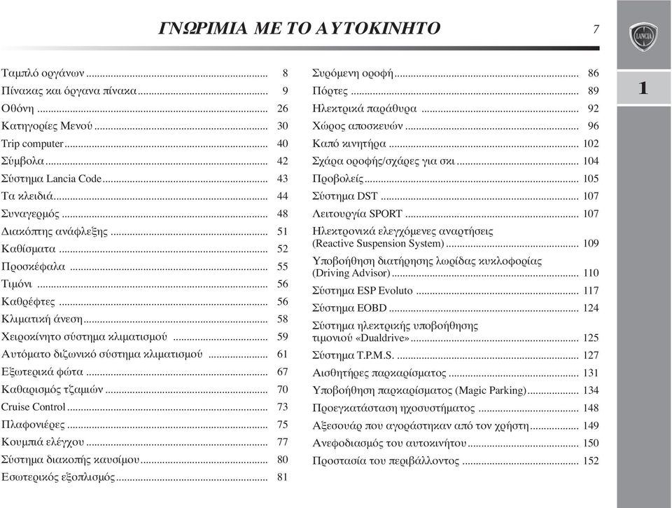 .. 61 Εξωτερικά φώτα... 67 Καθαρισμός τζαμιών... 70 Cruise Control... 73 Πλαφονιέρες... 75 Κουμπιά ελέγχου... 77 Σύστημα διακοπής καυσίμου... 80 Εσωτερικός εξοπλισμός... 81 Συρόμενη οροφή... 86 Πόρτες.