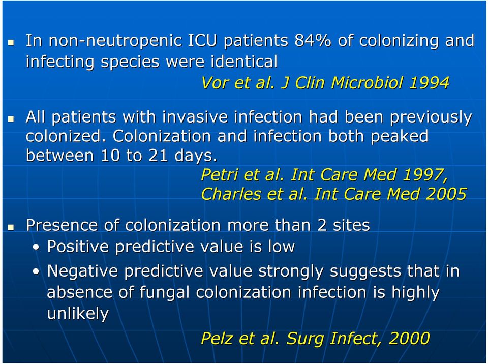 Colonization and infection both peaked between 10 to 21 days. Petri et al. Int Care Med 1997, Charles et al.