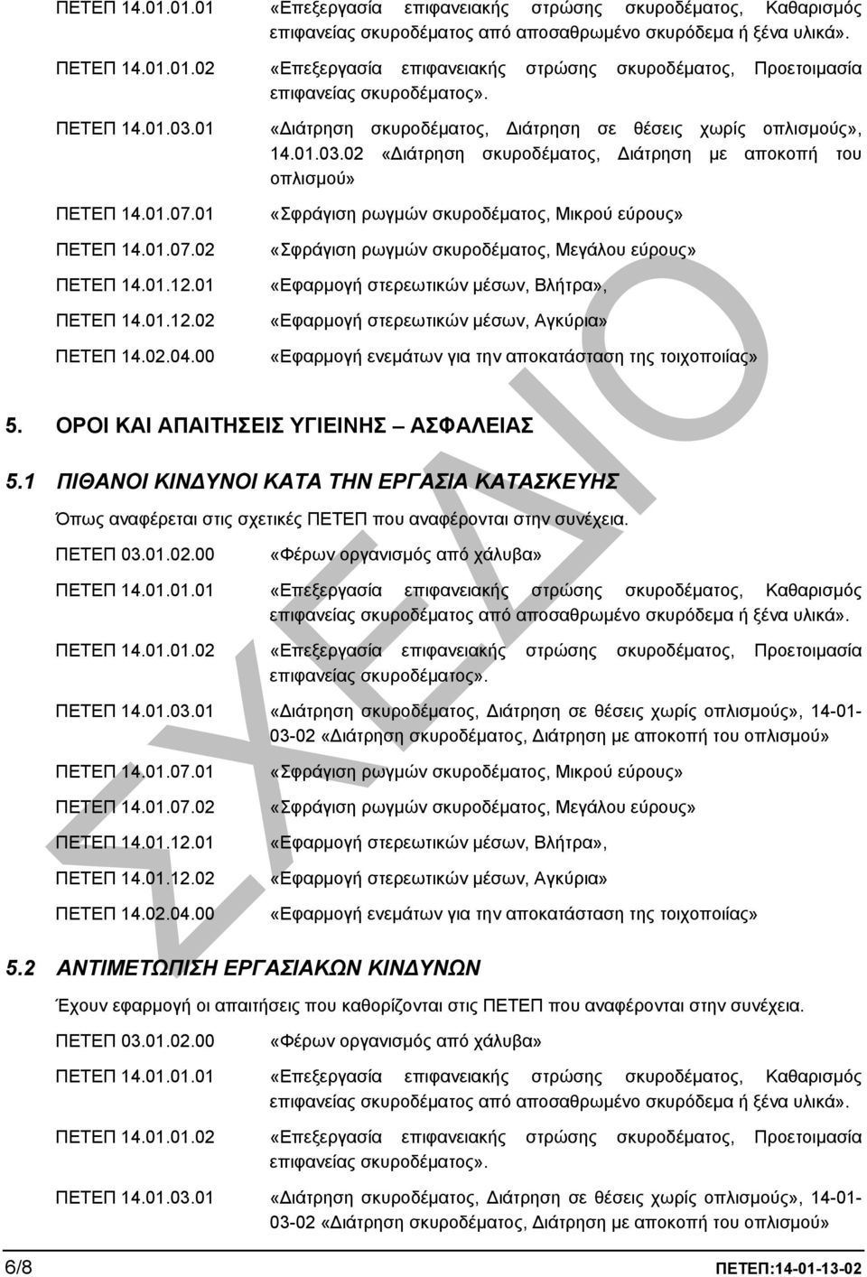 01 ΠΕΤΕΠ 14.01.07.01 ΠΕΤΕΠ 14.01.07.02 ΠΕΤΕΠ 14.01.12.01 ΠΕΤΕΠ 14.01.12.02 ΠΕΤΕΠ 14.02.04.00 «ιάτρηση σκυροδέµατος, ιάτρηση σε θέσεις χωρίς οπλισµούς», 14.01.03.