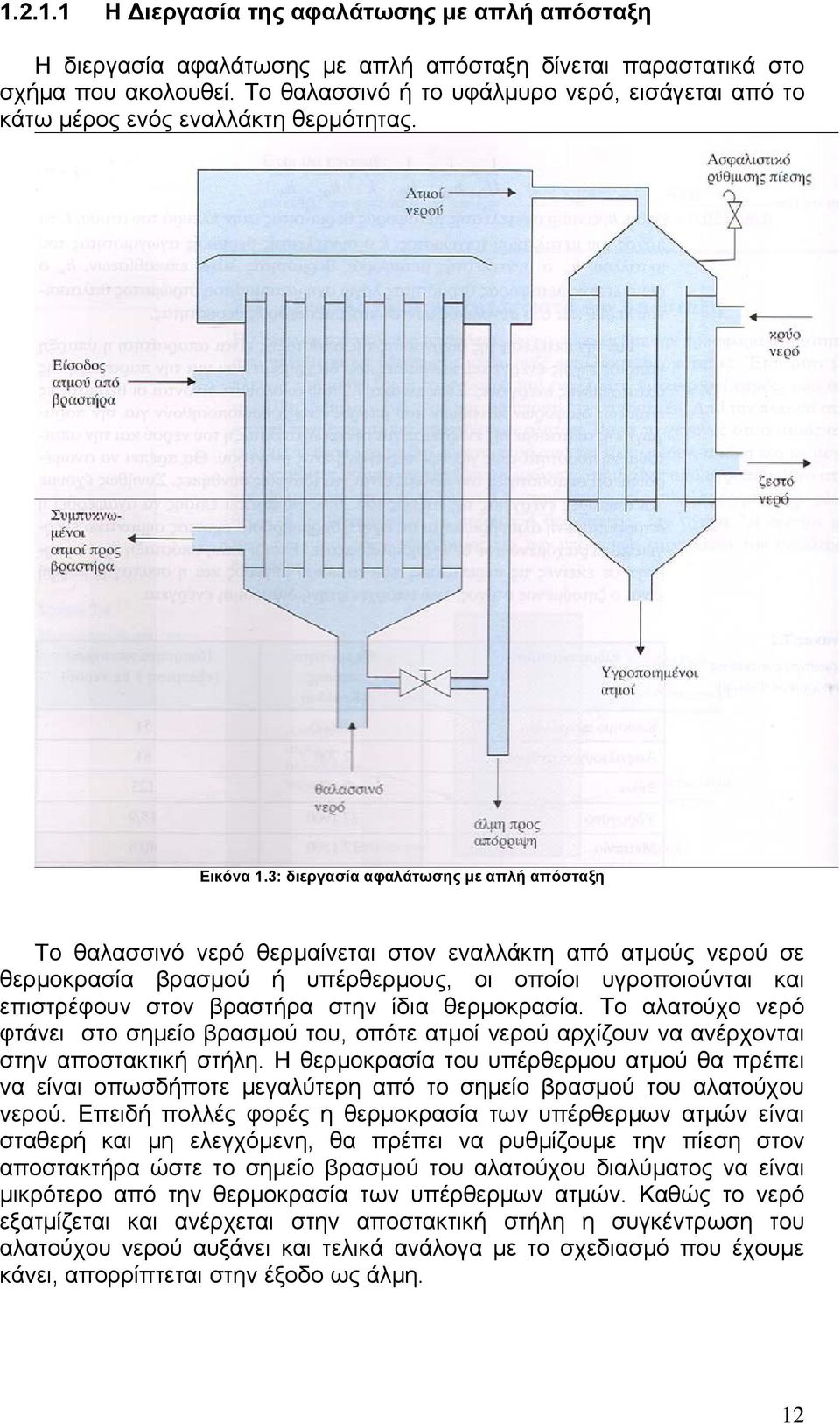 3: διεργασία αφαλάτωσης με απλή απόσταξη Το θαλασσινό νερό θερμαίνεται στον εναλλάκτη από ατμούς νερού σε θερμοκρασία βρασμού ή υπέρθερμους, οι οποίοι υγροποιούνται και επιστρέφουν στον βραστήρα στην