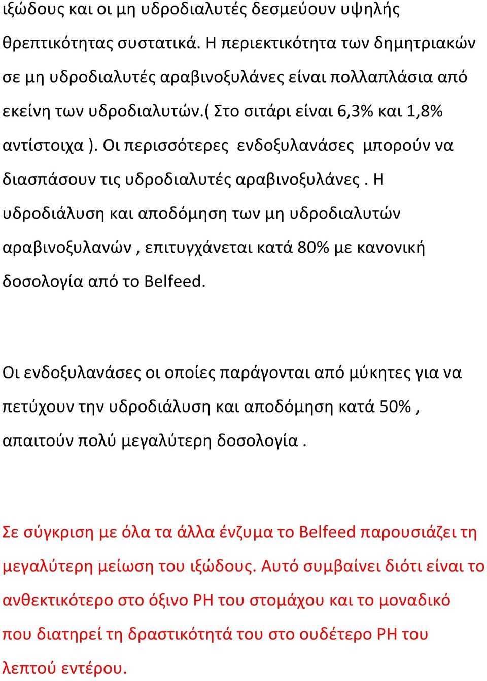 Η υδροδιάλυση και αποδόμηση των μη υδροδιαλυτών αραβινοξυλανών, επιτυγχάνεται κατά 80% με κανονική δοσολογία από το Belfeed.