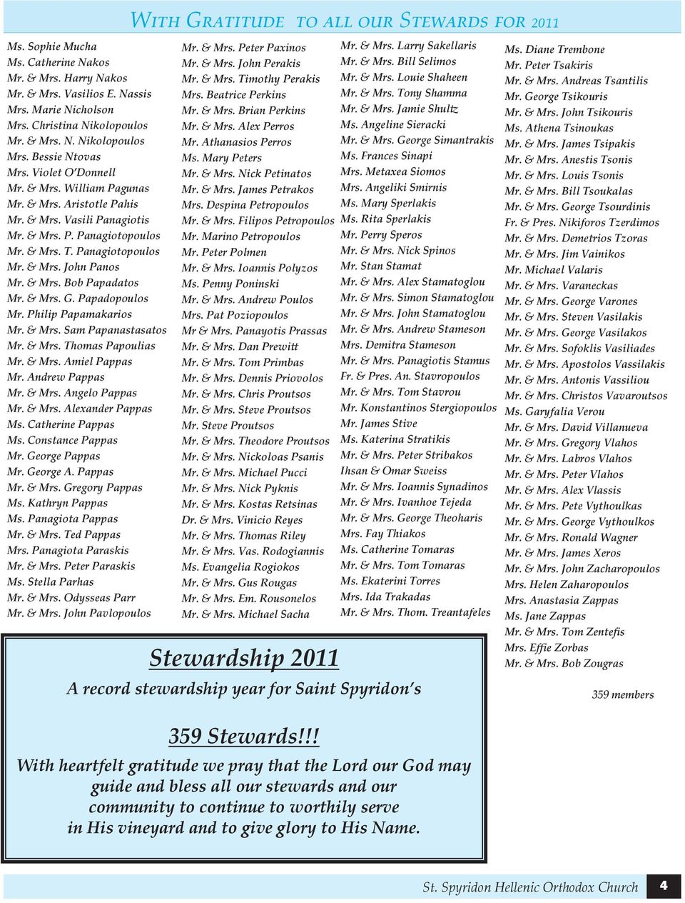 & Mrs. G. Papadopoulos Mr. Philip Papamakarios Mr. & Mrs. Sam Papanastasatos Mr. & Mrs. Thomas Papoulias Mr. & Mrs. Amiel Pappas Mr. Andrew Pappas Mr. & Mrs. Angelo Pappas Mr. & Mrs. Alexander Pappas Ms.
