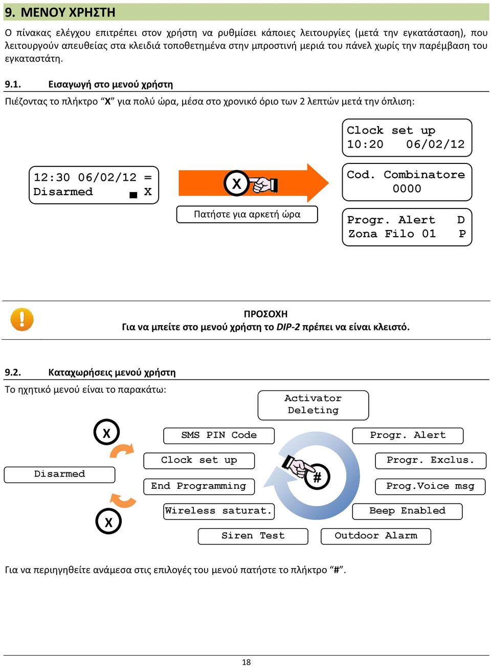 Combinatore 0000 Πατήστε για αρκετή ώρα Progr. Alert Zona Filo 01 D P ΠΡΟΣΟΧΗ Για να μπείτε στο μενού χρήστη το DIP 2 