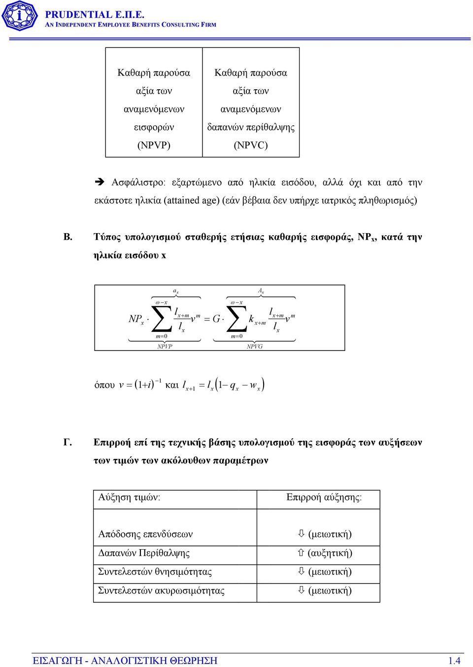 Τύπος υπολογισµού σταθερής ετήσιας καθαρής εισφοράς, NP x, κατά την ηλικία εισόδου x ax 6 7 ω x 4 44 8 l x+ m m lx+ m m NPx v = G kx+ m v lx lx 14 4m 2= 04443 1444 m= 0 24443 NPVP Ax 6 7 ω x 44 448
