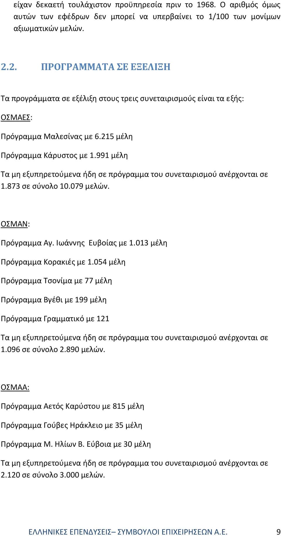 991 μέλη Τα μη εξυπηρετούμενα ήδη σε πρόγραμμα του συνεταιρισμού ανέρχονται σε 1.873 σε σύνολο 10.079 μελών. ΟΣΜΑΝ: Πρόγραμμα Αγ. Ιωάννης Ευβοίας με 1.013 μέλη Πρόγραμμα Κορακιές με 1.