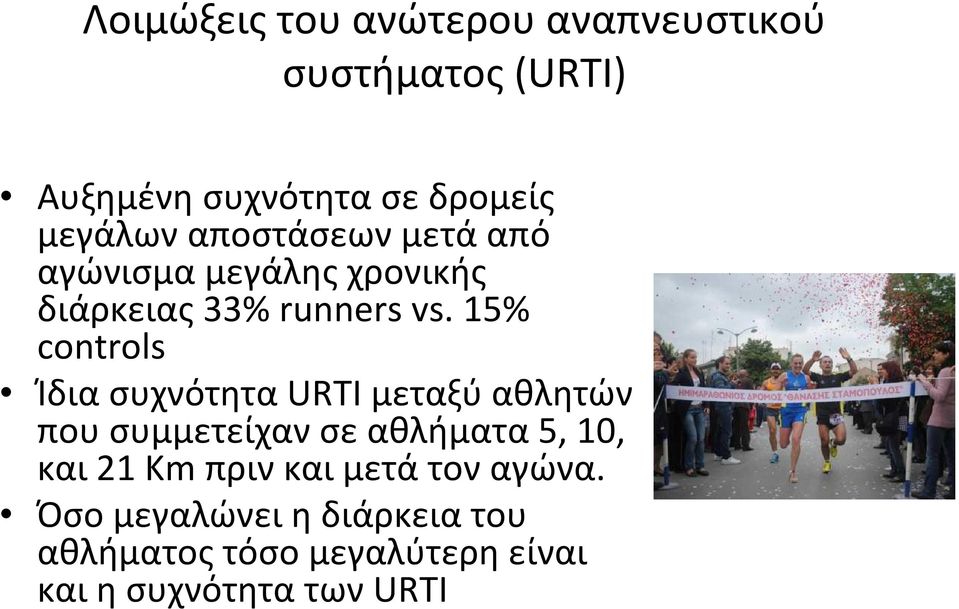 15% controls Ίδια συχνότητα URTI μεταξύ αθλητών που συμμετείχαν σε αθλήματα 5, 10, και 21