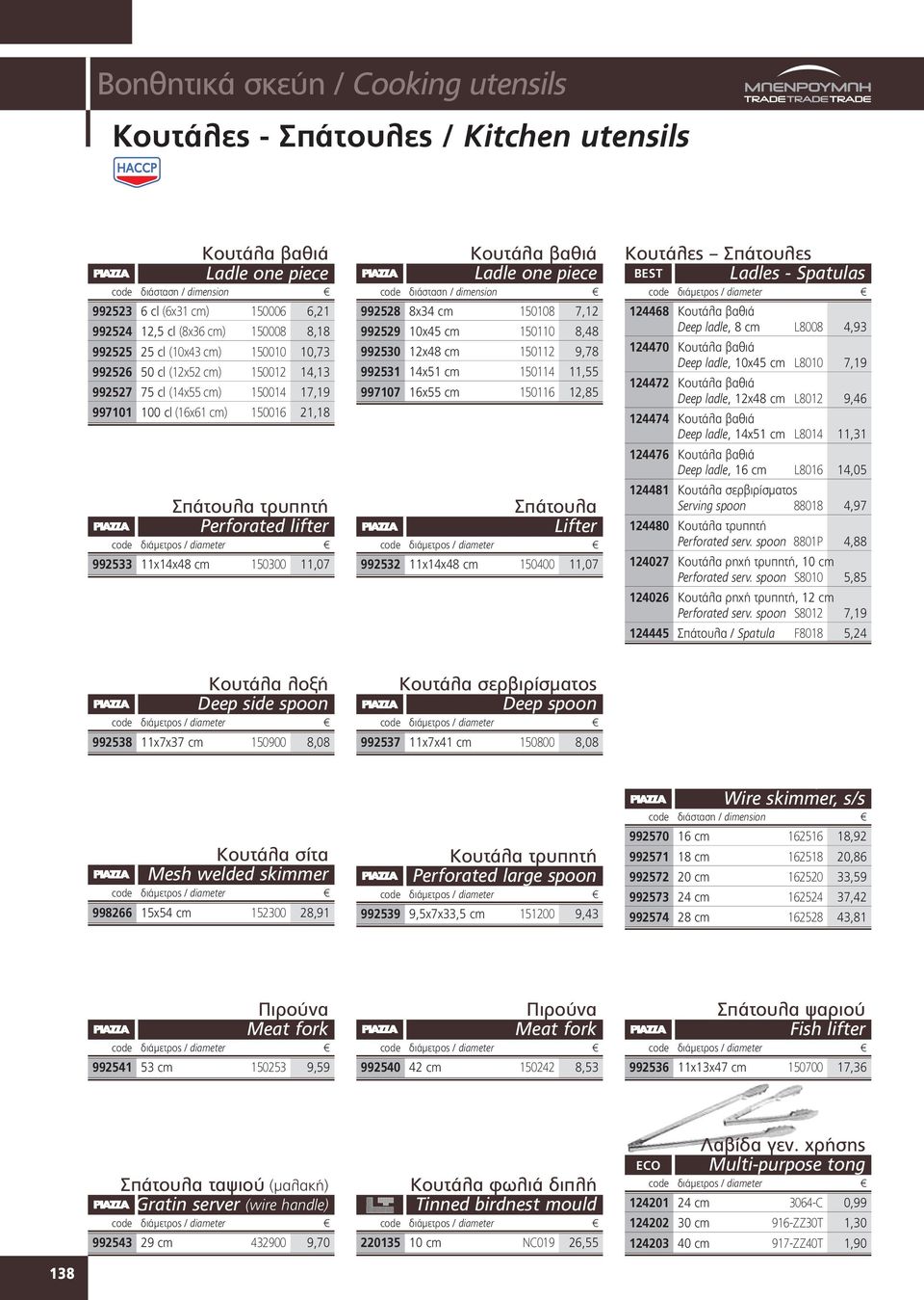 βαθιά Ladle one piece 992528 8x34 cm 150108 7,12 992529 10x45 cm 150110 8,48 992530 12x48 cm 150112 9,78 992531 14x51 cm 150114 11,55 997107 16x55 cm 150116 12,85 Σπάτουλα Lifter 992532 11x14χ48 cm