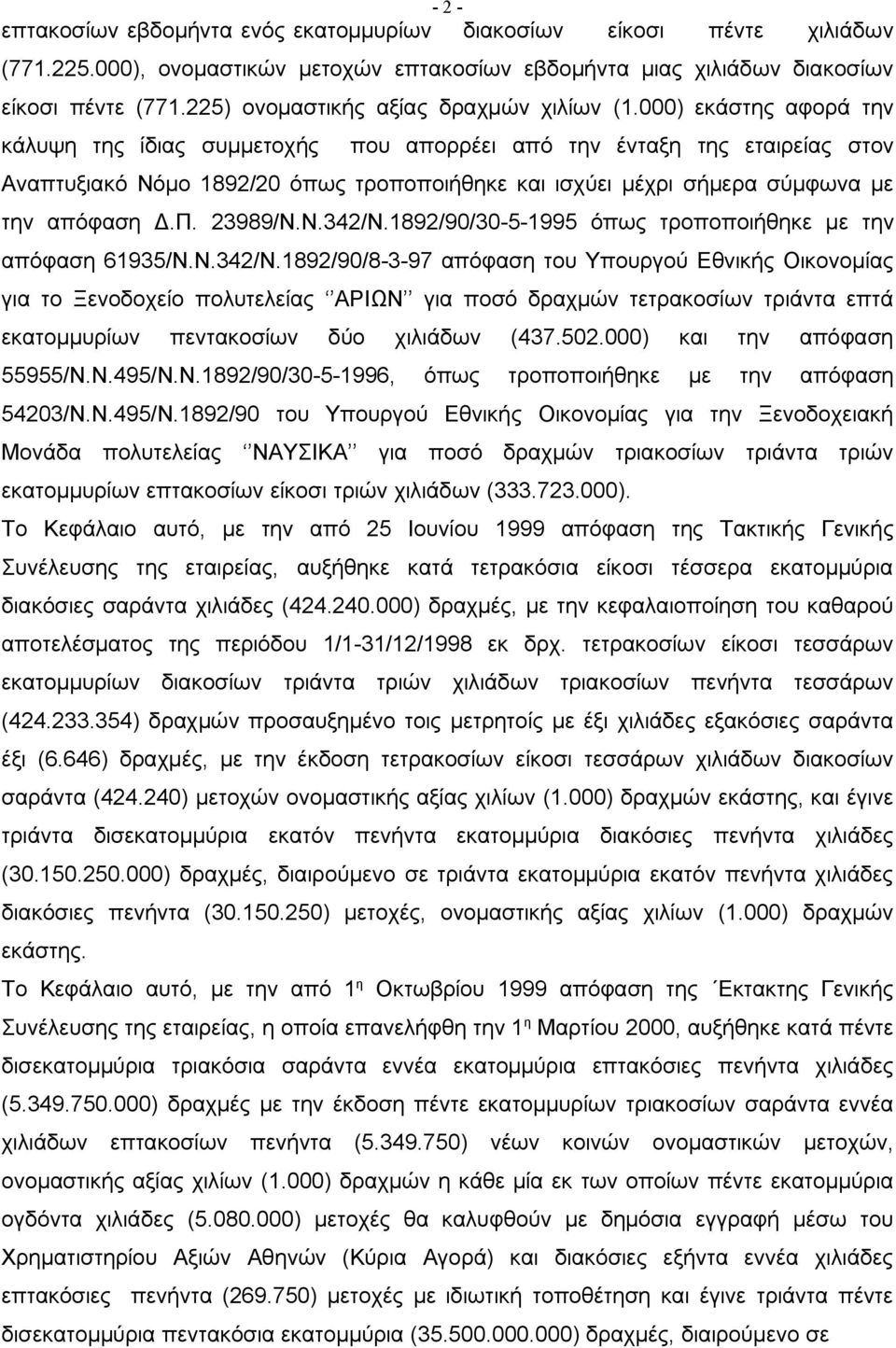 000) εκάστης αφορά την κάλυψη της ίδιας συμμετοχής που απορρέει από την ένταξη της εταιρείας στον Αναπτυξιακό Νόμο 1892/20 όπως τροποποιήθηκε και ισχύει μέχρι σήμερα σύμφωνα με την απόφαση Δ.Π.