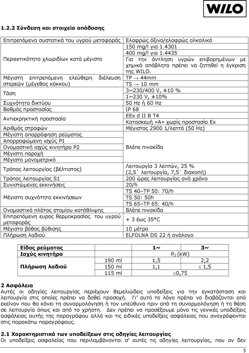 WILO. ΤΡ 44mm TS 10 mm 3~230/400 V, ±10 % 1~230 V, ±10% 50 Hz ή 60 Hz Συχνότητα δικτύου Βαθμός προστασίας IP 68 EEx d II B T4 Αντιεκρηκτική προστασία Κατασκευή «Α» χωρίς προστασία Ex Αριθμός στροφών