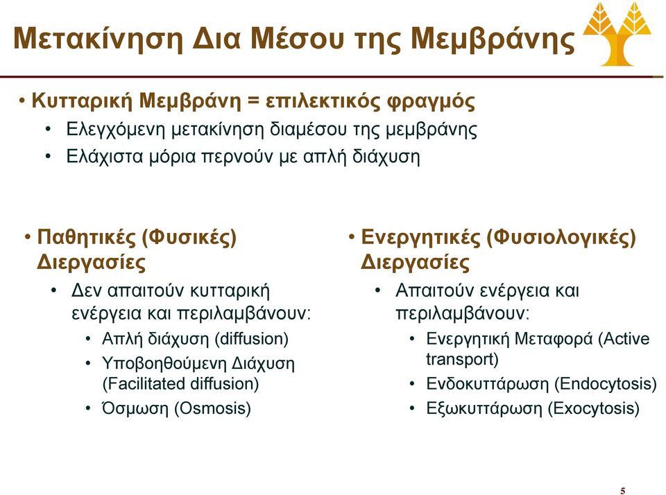 Απλή διάχυση (diffusion) Υποβοηθούμενη Διάχυση (Facilitated diffusion) Όσμωση (Osmosis) Ενεργητικές (Φυσιολογικές)