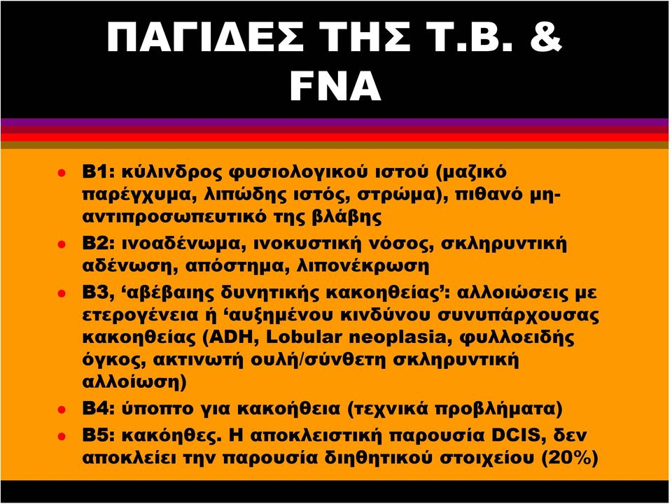 ινοκυστική νόσος, σκληρυντική αδένωση, απόστημα, λιπονέκρωση Β3, αβέβαιης δυνητικής κακοηθείας : αλλοιώσεις με ετερογένεια ή αυξημένου