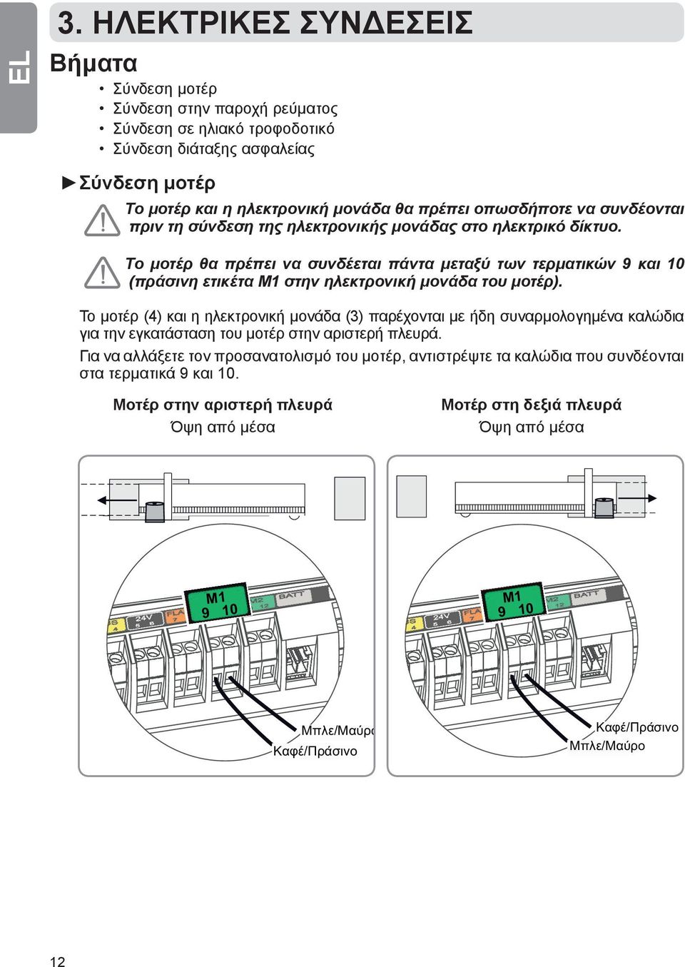 Το μοτέρ θα πρέπει να συνδέεται πάντα μεταξύ των τερματικών 9 και 10 (πράσινη ετικέτα M1 στην ηλεκτρονική μονάδα του μοτέρ).