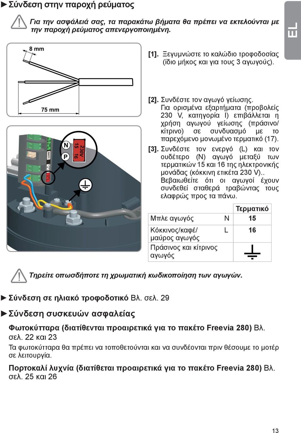 Για ορισμένα εξαρτήματα (προβολείς 230 V, κατηγορία I) επιβάλλεται η χρήση αγωγού γείωσης (πράσινο/ κίτρινο) σε συνδυασμό με το παρεχόμενο μονωμένο τερματικό (17). [3].