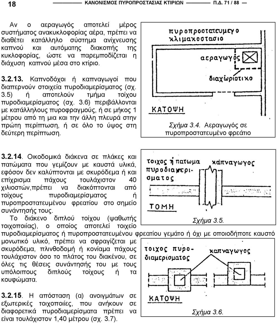 καπνού µέσα στο κτίριο. 3.2.13. Καπνοδόχοι ή καπναγωγοί που διαπερνούν στοιχεία πυροδιαµερίσµατος (σχ. 3.5) ή αποτελούν τµήµα τοίχου πυροδιαµερίσµατος (σχ. 3.6) περιβάλλονται µε κατάλληλους πυροφραγµούς, ή σε µήκος 1 µέτρου από τη µια και την άλλη πλευρά στην πρώτη περίπτωση, ή σε όλο το ύψος στη δεύτερη περίπτωση.