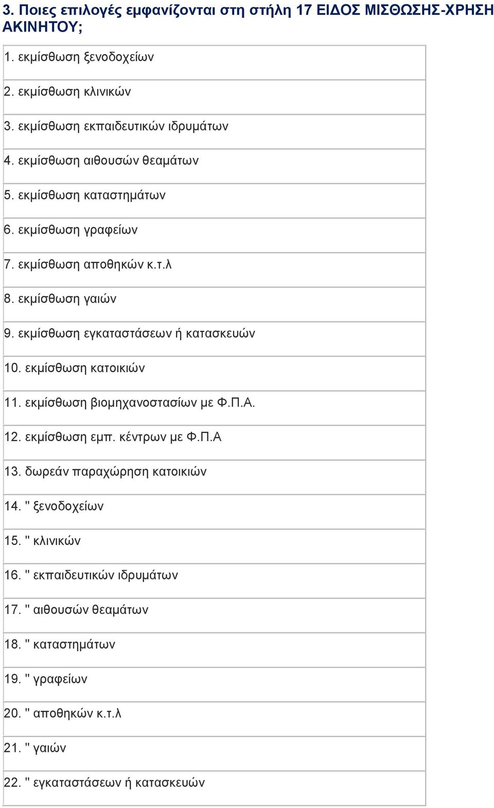 εκμίσθωση εγκαταστάσεων ή κατασκευών 10. εκμίσθωση κατοικιών 11. εκμίσθωση βιομηχανοστασίων με Φ.Π.Α. 12. εκμίσθωση εμπ. κέντρων με Φ.Π.Α 13.