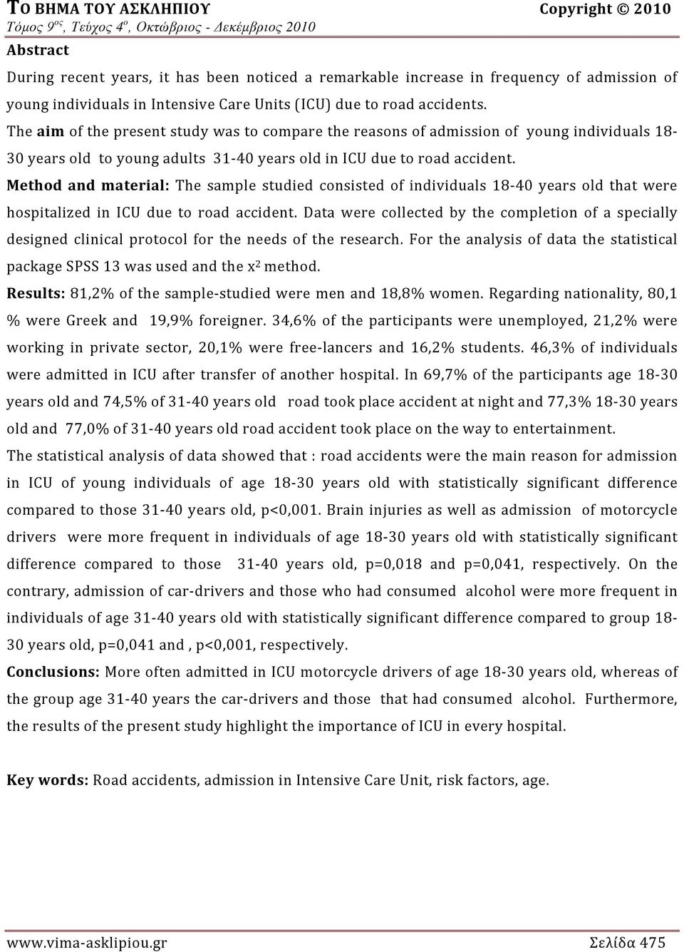 Method and material: The sample studied consisted of individuals 18-40 years old that were hospitalized in ICU due to road accident.