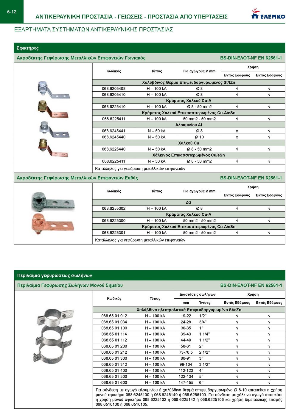 6225410 Η 100 ka Ø 8-50 mm2 Κράματος Χαλκού Επικασσιτερωμένος Cu-A/eSn 068.6225411 Η 100 ka 50 mm2-50 mm2 Αλουμινίου Al 068.6245441 N 50 ka Ø 8 x 068.6245440 N 50 ka Ø 10 x Χαλκού Cu 068.