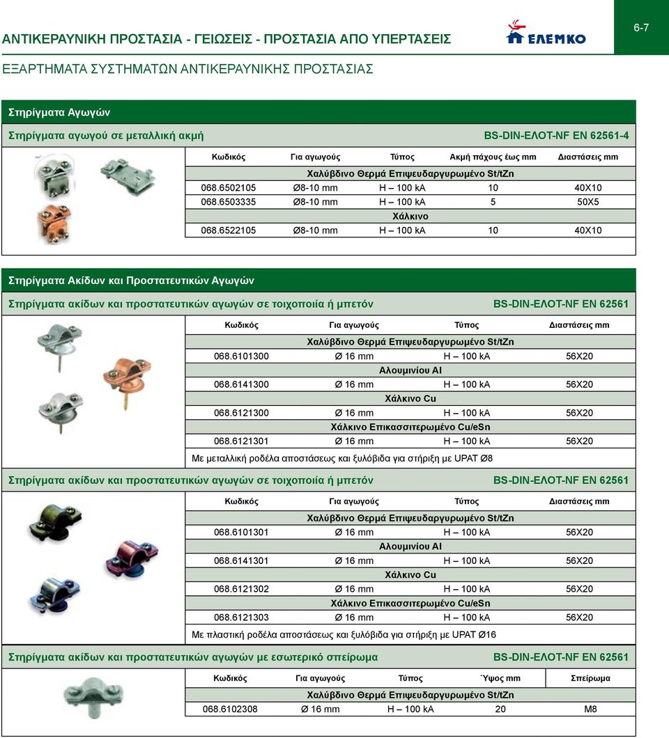 6522105 Ø8-10 mm Η 100 ka 10 40X10 Στηρίγματα Ακίδων και Προστατευτικών Αγωγών Στηρίγματα ακίδων και προστατευτικών αγωγών σε τοιχοποιία ή μπετόν BS-DIN-ΕΛΟΤ-NF EN 62561 Για αγωγoύς Τύπος Διαστάσεις