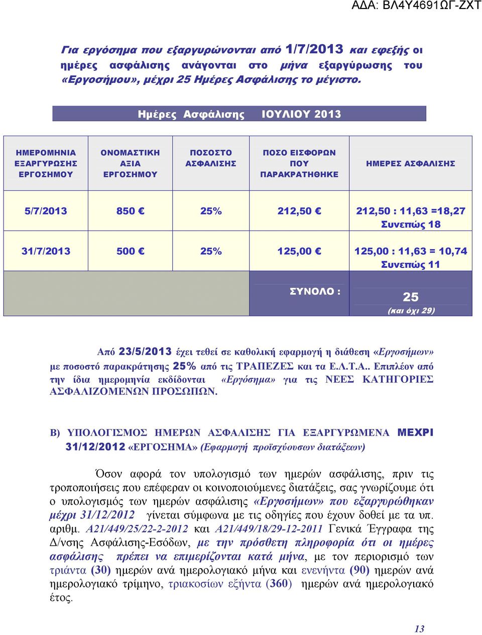 =18,27 Συνεπώς 18 31/7/2013 500 25% 125,00 125,00 : 11,63 = 10,74 Συνεπώς 11 ΣΥΝΟΛΟ : 25 (και όχι 29) Από 23/5/2013 έχει τεθεί σε καθολική εφαρμογή η διάθεση «Εργοσήμων» με ποσοστό παρακράτησης 25%