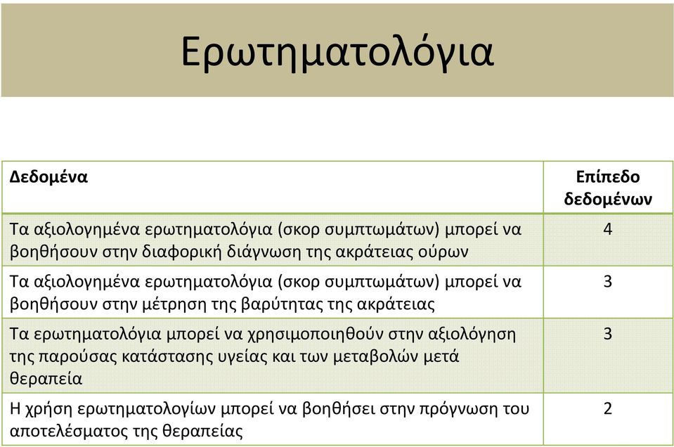 ακράτειας Τα ερωτηματολόγια μπορεί να χρησιμοποιηθούν στην αξιολόγηση της παρούσας κατάστασης υγείας και των μεταβολών