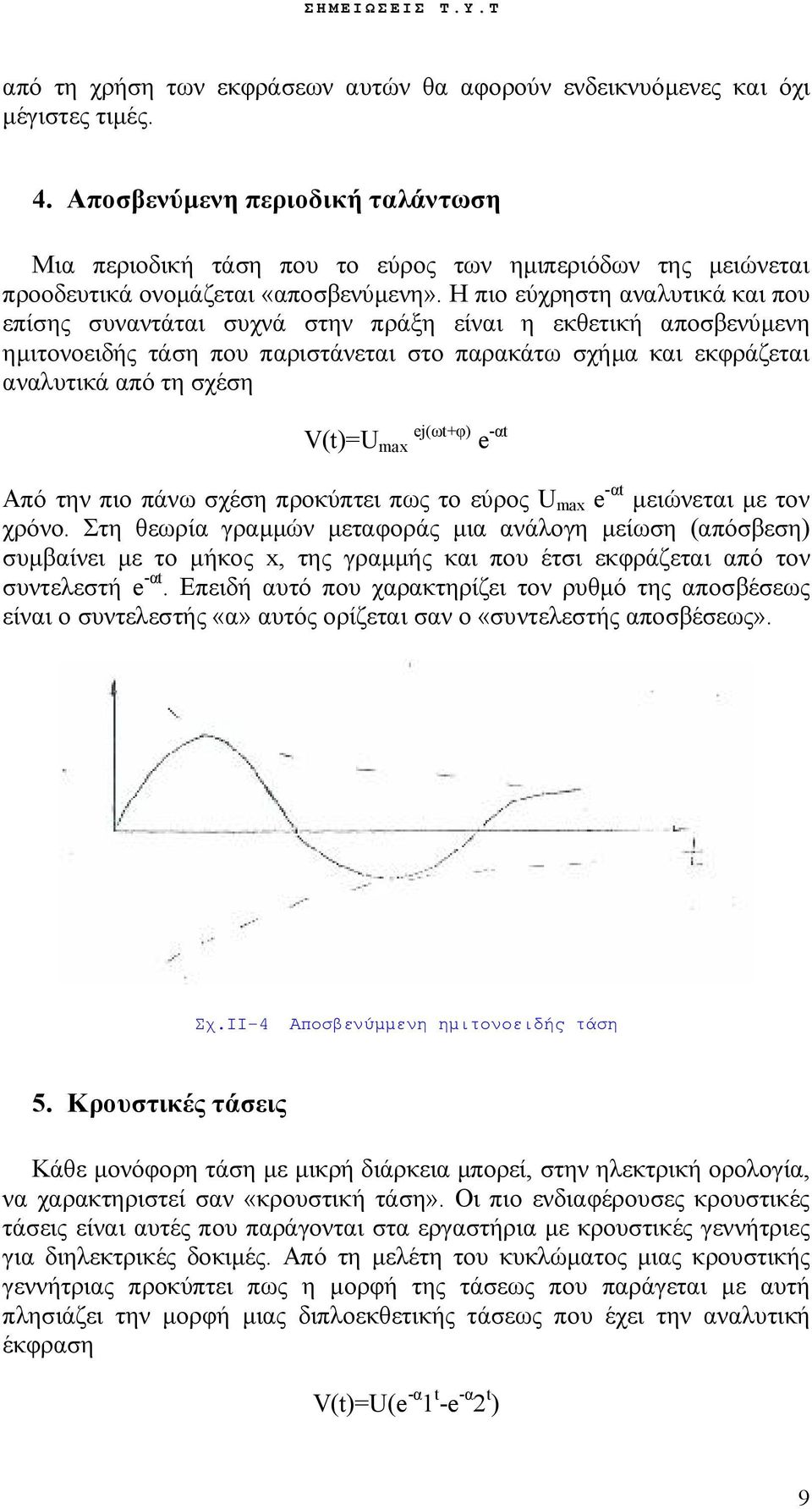 Η πιο εύχρηστη αναλυτικά και που επίσης συναντάται συχνά στην πράξη είναι η εκθετική αποσβενύμενη ημιτονοειδής τάση που παριστάνεται στο παρακάτω σχήμα και εκφράζεται αναλυτικά από τη σχέση V(t)=U