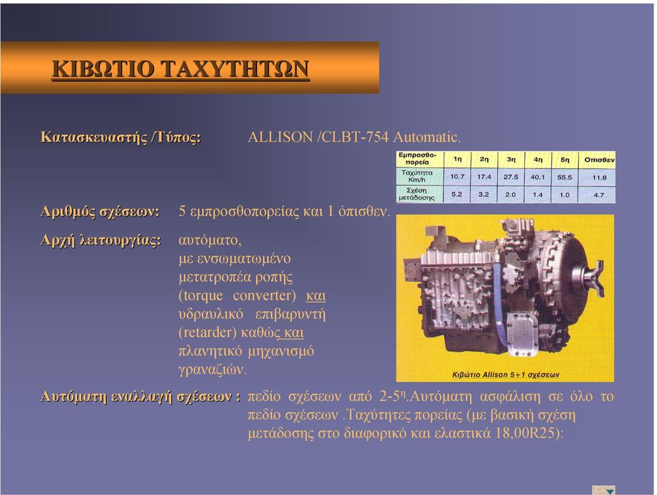 αυτόµατο, µε ενσωµατωµένο µετατροπέα ροπής (torque converter) και υδραυλικό επιβαρυντή (retarder) καθώς και