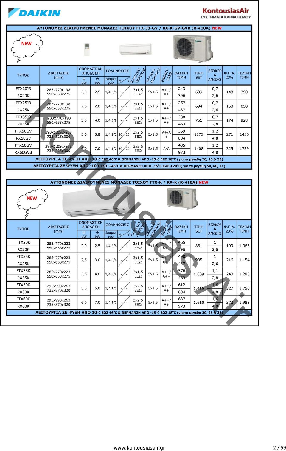 . ΤΕΛΙΚΗ 23% Ν/ΣΗΣ FTX35J3 283x770x198 288 0,7 3,3 4,0 1/4-3/8 - - +/ 751 174 550x658x275 RX35K 463 2,8 FTX50GV 290x1,050x238 369 1,2 5,0 5,8 1/4-1/2 30 20 /A 1173 271 1450 + RX50GV 804 4,8 FTX60GV