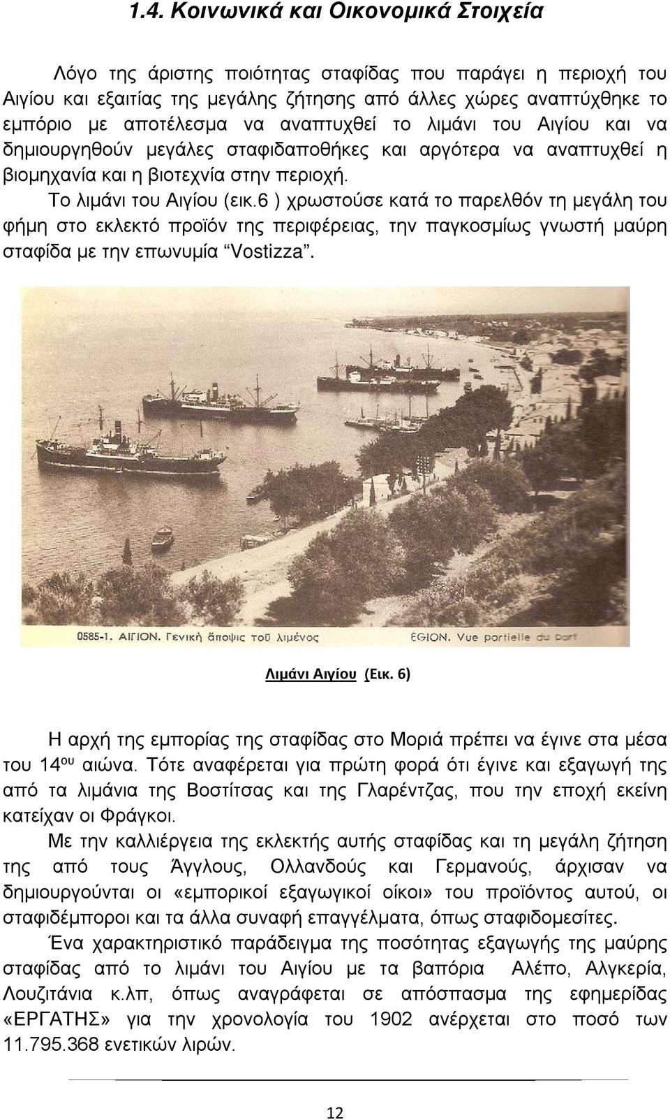 6 ) χρωστούσε κατά το παρελθόν τη μεγάλη του φήμη στο εκλεκτό προϊόν της περιφέρειας, την παγκοσμίως γνωστή μαύρη σταφίδα με την επωνυμία Vostizza. Λιμάνι Αιγίου (Εικ.