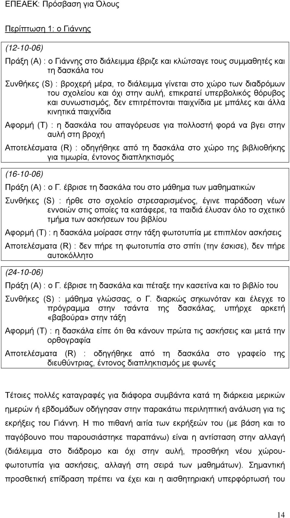 να βγει στην αυλή στη βροχή Αποτελέσματα (R) : οδηγήθηκε από τη δασκάλα στο χώρο της βιβλιοθήκης για τιμωρία, έντονος διαπληκτισμός (16-10-06) Πράξη (Α) : ο Γ.