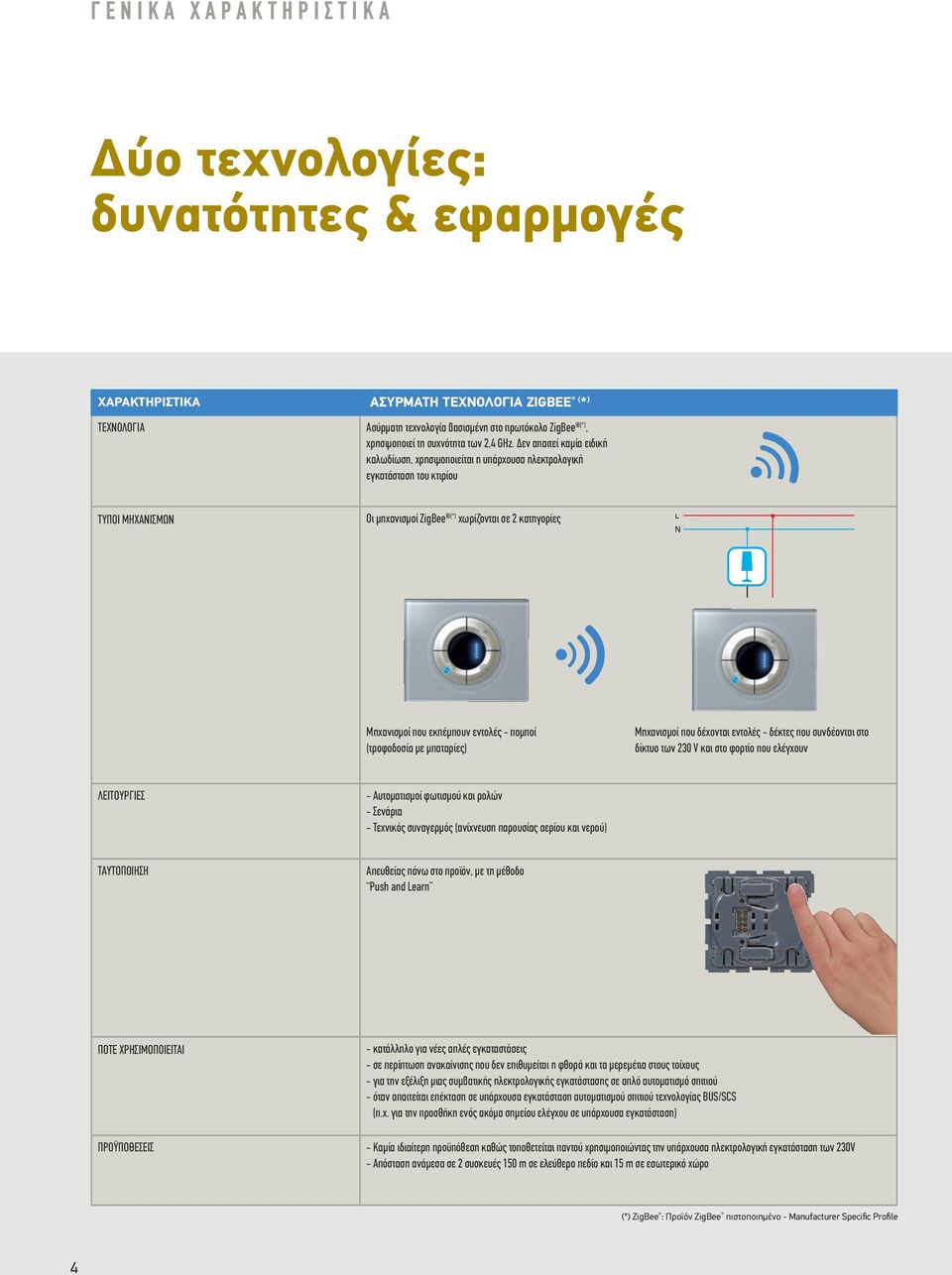 Δεν απαιτεί καμία ειδική καλωδίωση, χρησιμοποιείται η υπάρχουσα ηλεκτρολογική εγκατάσταση του κτιρίου ΤΥΠΟΙ ΜΗΧΑΝΙΣΜΩΝ Οι μηχανισμοί ZigBee (*) χωρίζονται σε 2 κατηγορίες Μηχανισμοί που εκπέμπουν