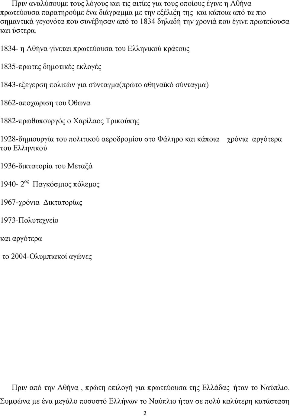 1834- η Αθήνα γίνεται πρωτεύουσα του Ελληνικού κράτους 1835-πρωτες δημοτικές εκλογές 1843-εξεγερση πολιτών για σύνταγμα(πρώτο αθηναϊκό σύνταγμα) 1862-αποχωριση του Όθωνα 1882-πρωθυπουργός ο Χαρίλαος