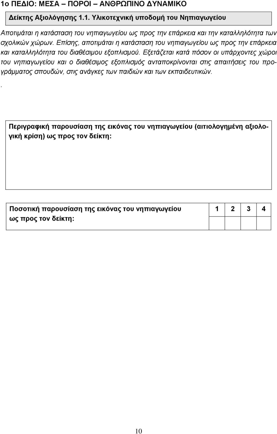 Εξετάζεται κατά πόσον οι υπάρχοντες χώροι του νηπιαγωγείου και ο διαθέσιμος εξοπλισμός ανταποκρίνονται στις απαιτήσεις του προγράμματος σπουδών, στις ανάγκες των παιδιών και