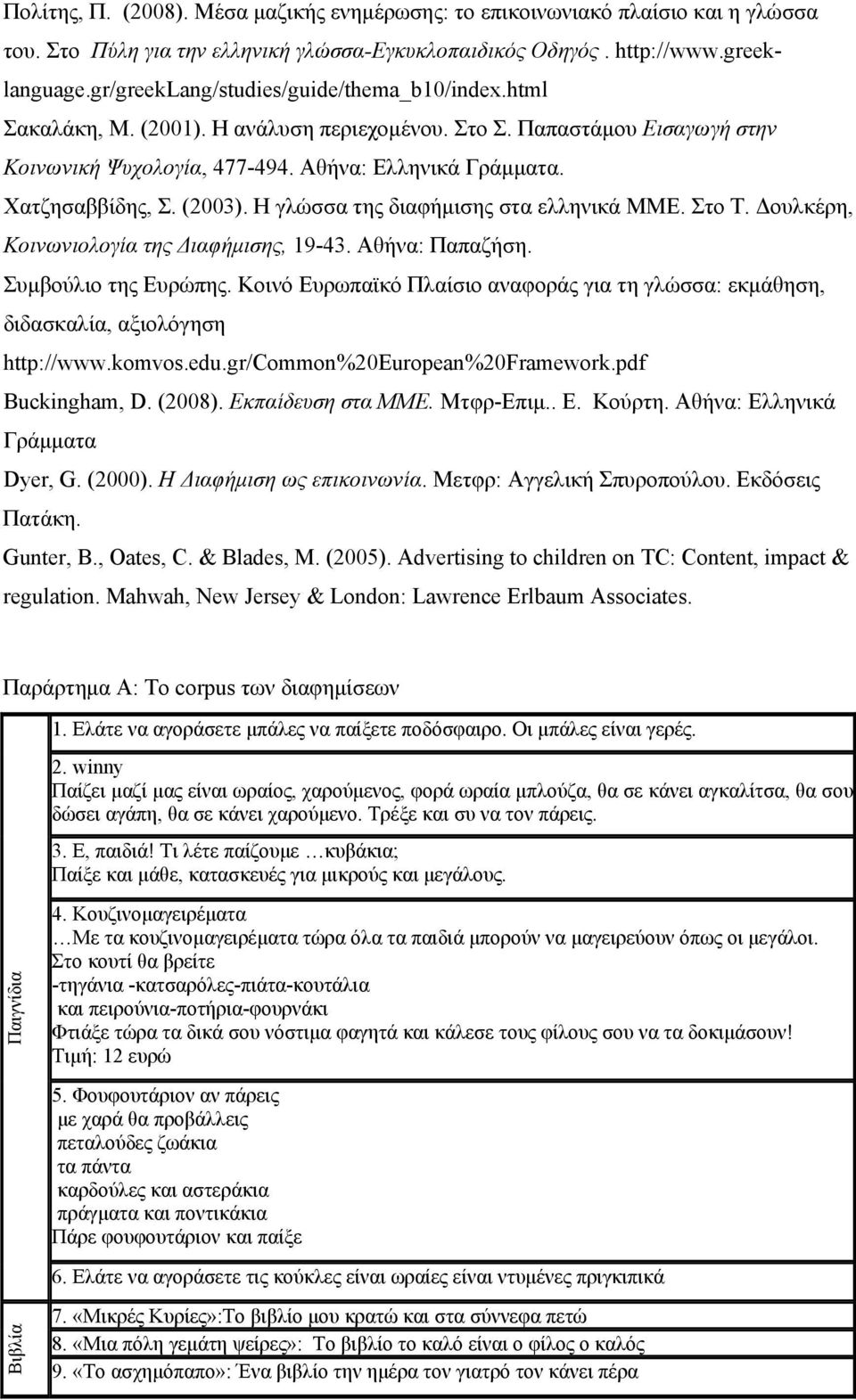 (2003). Η γλώσσα της διαφήμισης στα ελληνικά ΜΜΕ. Στο Τ. Δουλκέρη, Κοινωνιολογία της Διαφήμισης, 19-43. Αθήνα: Παπαζήση. Συμβούλιο της Ευρώπης.