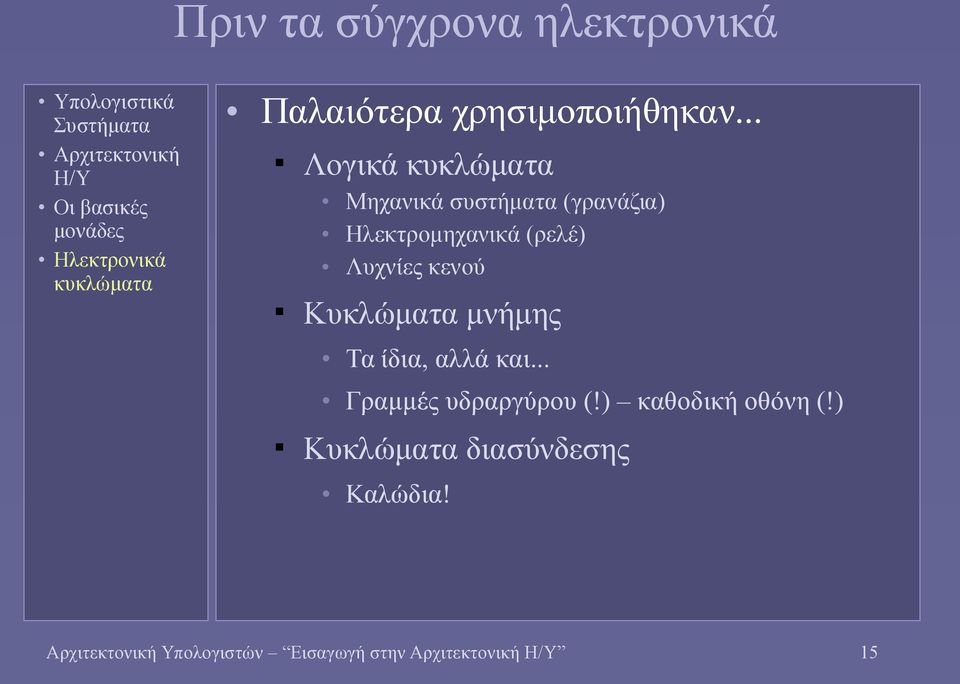 κενού Κυκλώματα μνήμης Τα ίδια, αλλά και... Γραμμές υδραργύρου (!) καθοδική οθόνη (!