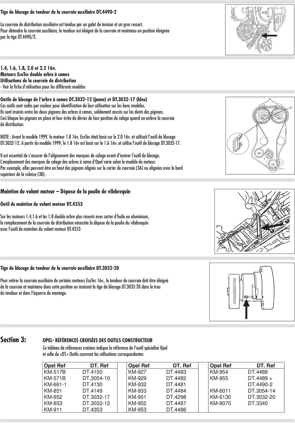 Moteurs EcoTec double arbre à cames Utilisations de la courroie de distribution - Voir la fiche d utilisation pour les différents modèles Outils de blocage de l arbre à cames DT.3032-12 (jaune) et DT.