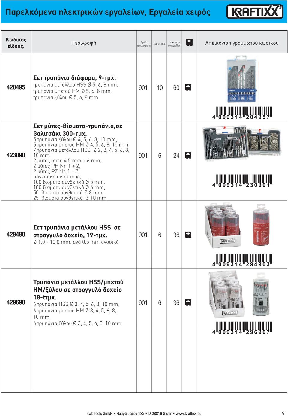 5 τρυπάνια ξύλου Ø 4, 5, 6, 8, 10 mm, 5 τρυπάνια μπετού HM Ø 4, 5, 6, 8, 10 mm, 7 τρυπάνια μετάλλου HSS, Ø 2, 3, 4, 5, 6, 8, 10 mm, 2 μύτες ίσιες 4,5 mm + 6 mm, 2 μύτες PH Nr. 1 + 2, 2 μύτες PZ Nr.