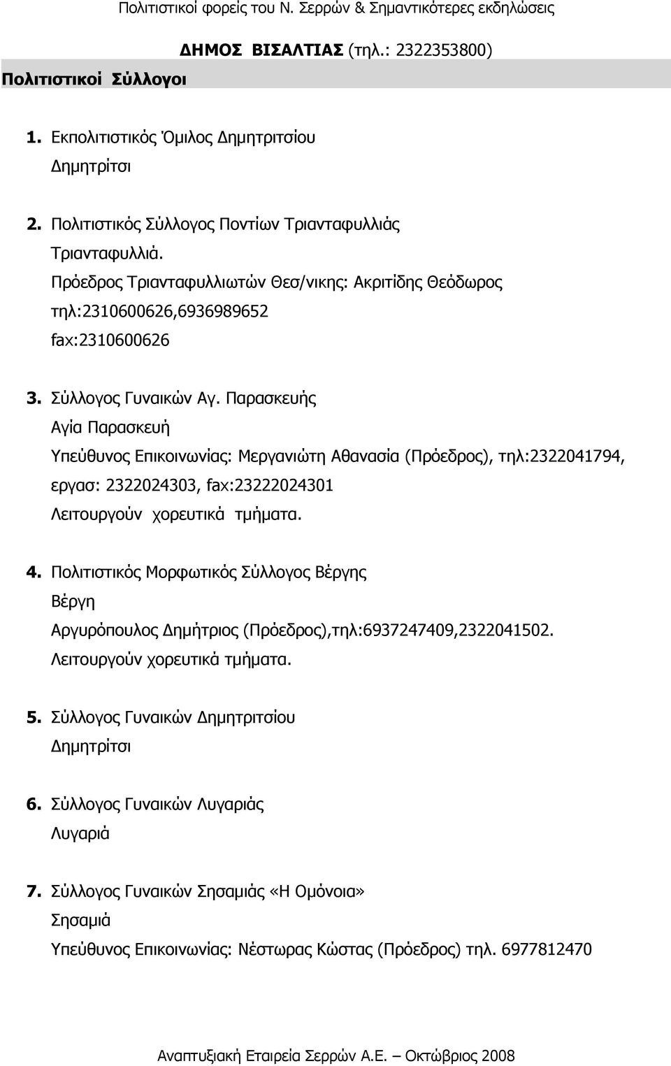 Παρασκευής Αγία Παρασκευή Υπεύθυνος Επικοινωνίας: Μεργανιώτη Αθανασία (Πρόεδρος), τηλ:2322041794, εργασ: 2322024303, fax:23222024301. 4.