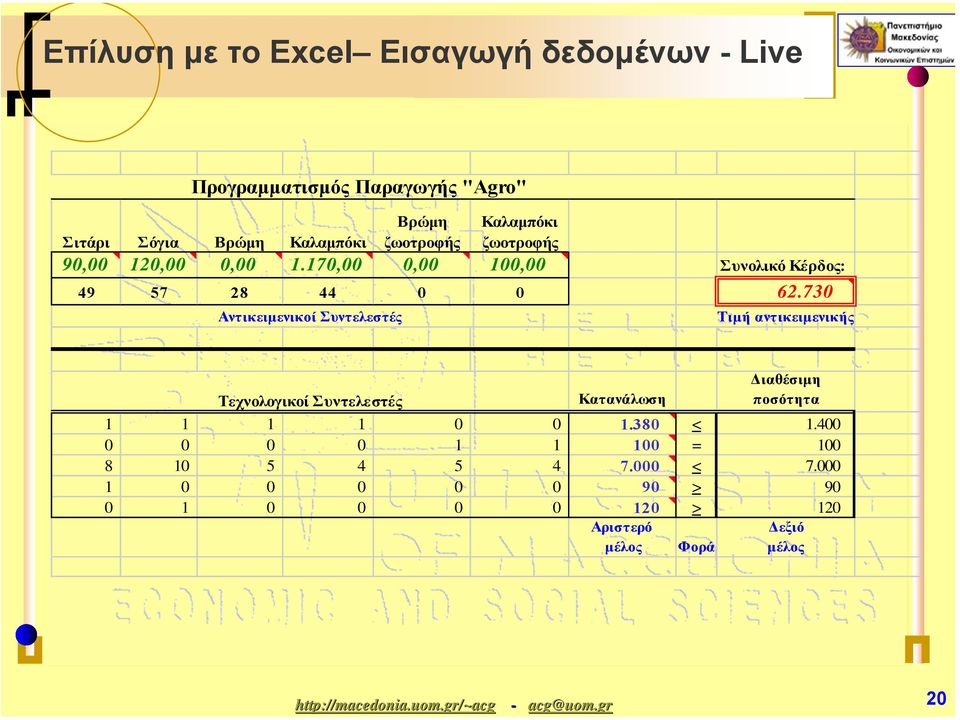 730 Αντικειµενικοί Συντελεστές Τιµή αντικειµενικής Τεχνολογικοί Συντελεστές Κατανάλωση ιαθέσιµη ποσότητα 1 1 1 1 0 0 1.