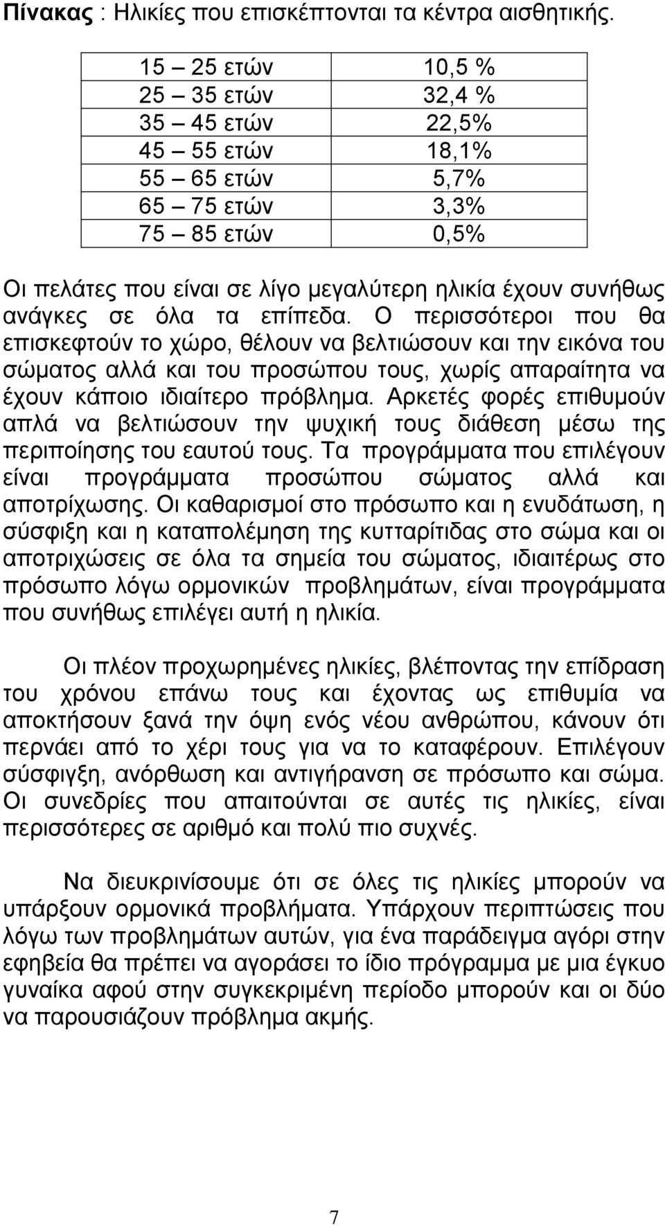 επίπεδα. Ο περισσότεροι που θα επισκεφτούν το χώρο, θέλουν να βελτιώσουν και την εικόνα του σώματος αλλά και του προσώπου τους, χωρίς απαραίτητα να έχουν κάποιο ιδιαίτερο πρόβλημα.