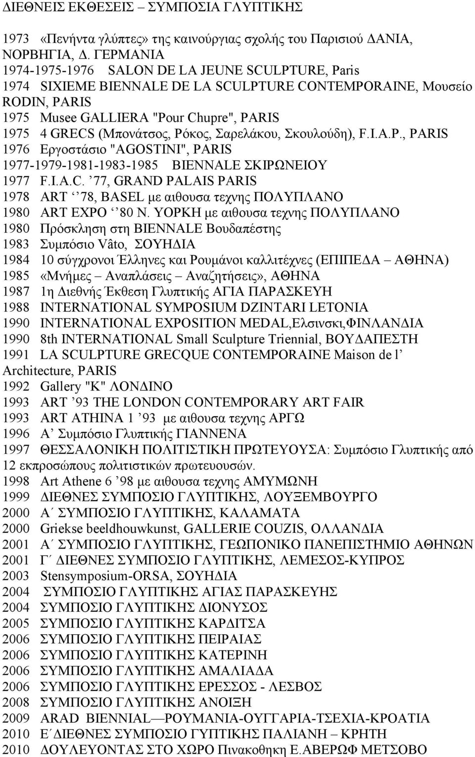 Ρόκος, Σαρελάκου, Σκουλούδη), F.I.A.P., PARIS 1976 Εργοστάσιο "AGOSTINI", PARIS 1977-1979-1981-1983-1985 BIENNALE ΣΚΙΡΩΝΕΙΟΥ 1977 F.I.A.C.