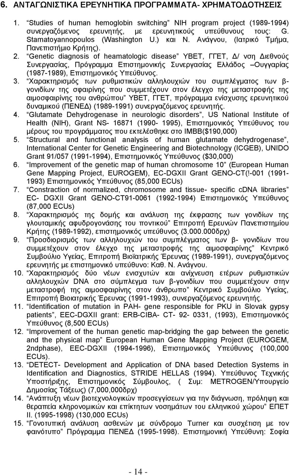 Genetic diagnosis of heamatologic disease ΤΒΔΣ, ΓΓΔΣ, Γ/ λζε Γηεζλνύο πλεξγαζίαο, Πξόγξακκα Δπηζηεκνληθήο πλεξγαζίαο Διιάδνο Οπγγαξίαο (1987-1989), Eπηζηεκνληθόο Yπεύζπλνο. 3.