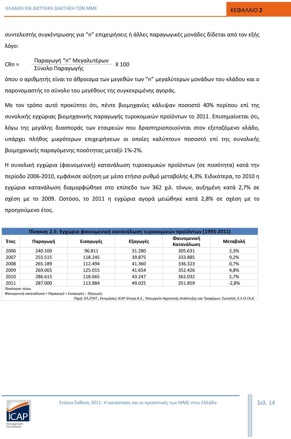 Με τον τρόπο αυτό προκύπτει ότι, πέντε βιομηχανίες κάλυψαν ποσοστό 40% περίπου επί της συνολικής εγχώριας βιομηχανικής παραγωγής τυροκομικών προϊόντων το 2011.